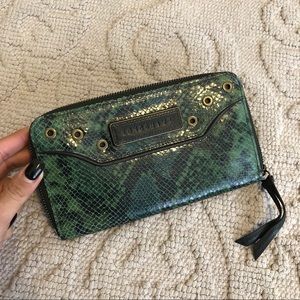Longchamp zip around wallet green python print